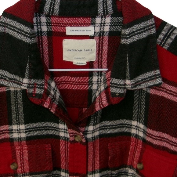 American Eagle Women's Red Black Plaid Flannel Shirt Classic Long Sleeve Small - Picture 2 of 3